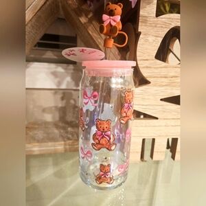 Teddy Bear Pink Bow Glass Tumbler with Bear Straw topper